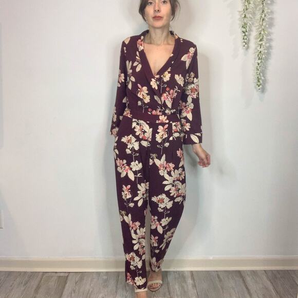 ZARA floral jumpsuit long sleeve faux wrap pockets straight leg boho 70s 2408 - Picture 12 of 12